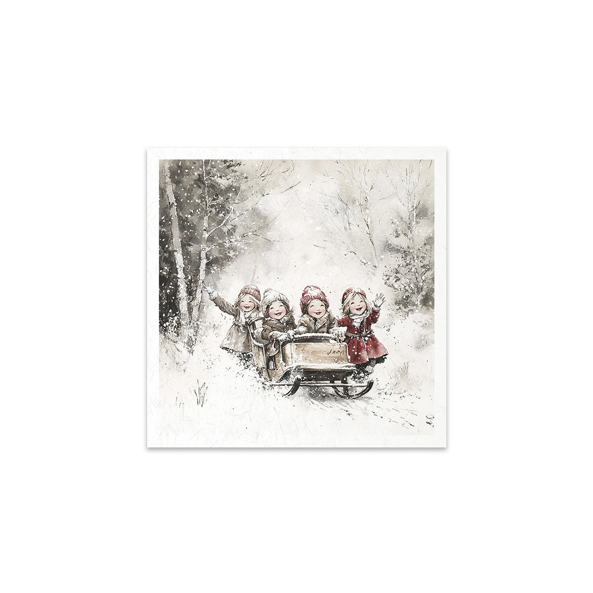 Children on a sled in a snowy forest