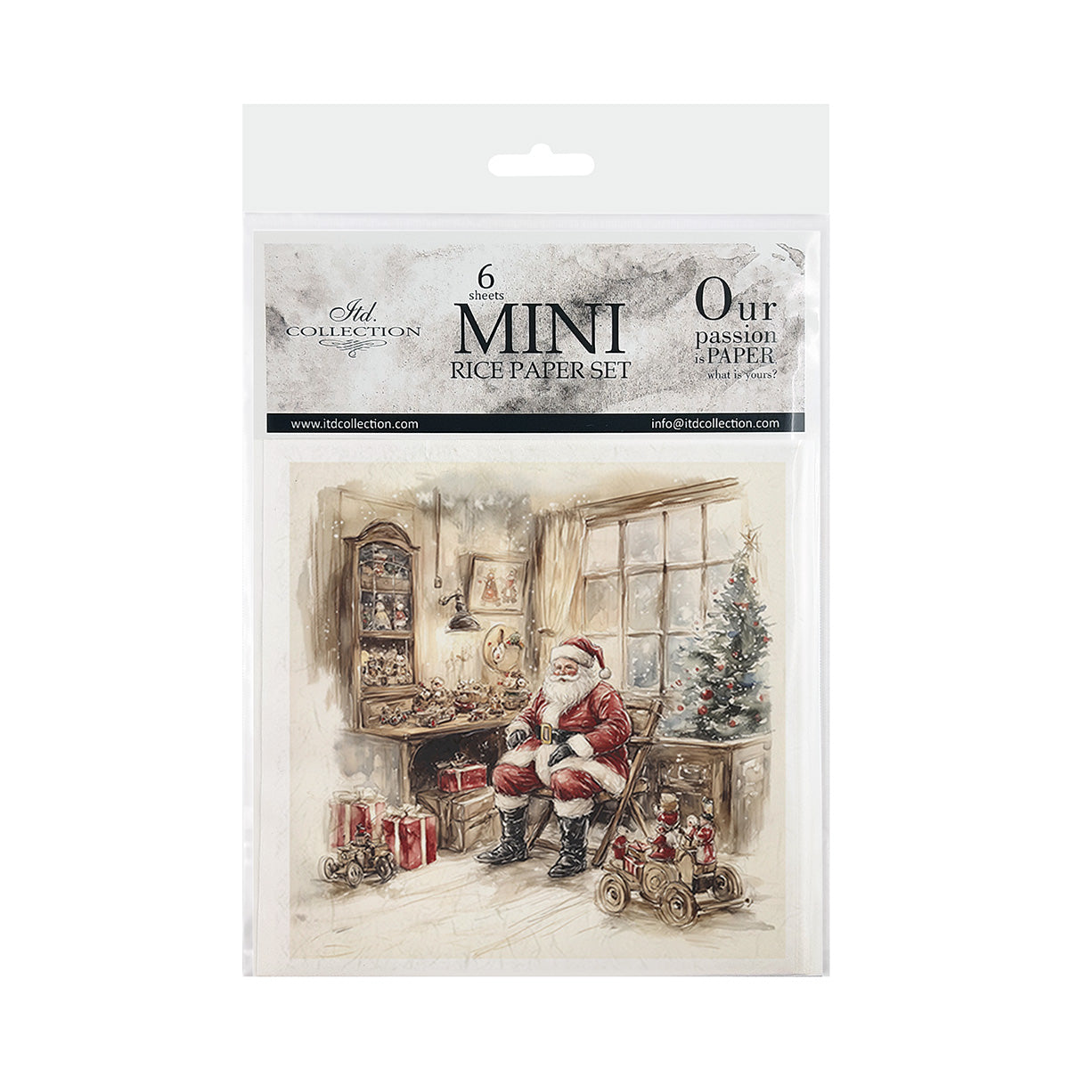 Packaging of a mini rice paper set with a Christmas scene featuring Santa Claus.