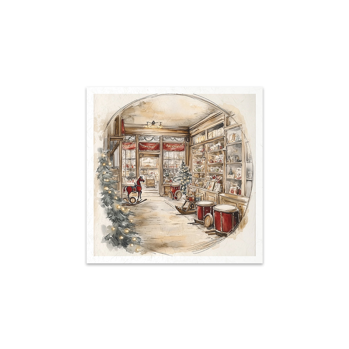 Illustration of a store interior with shelves and decorative items on a white background