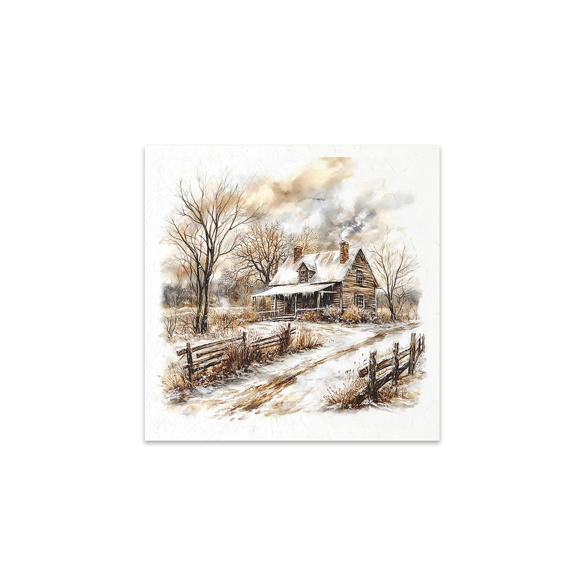 Winter landscape with a cabin and fence on a white background