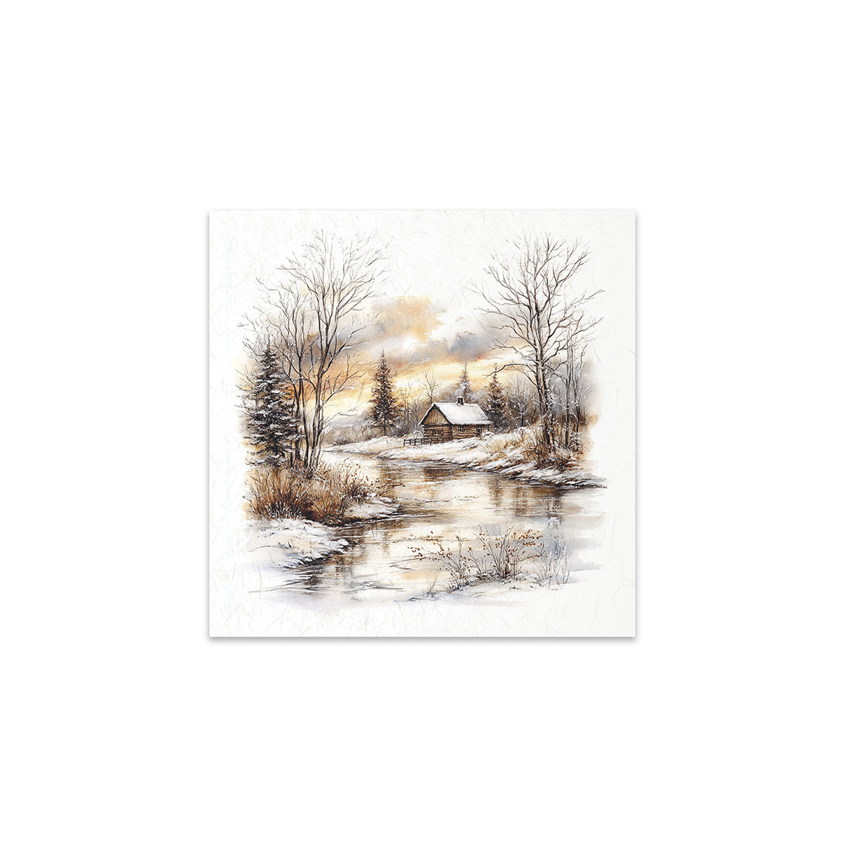 Winter landscape with a cabin by a river at sunset