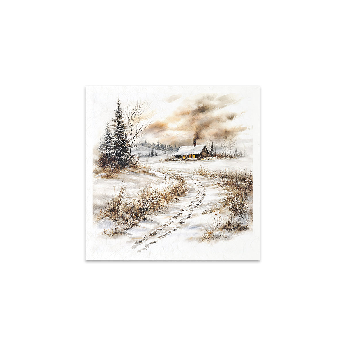 Winter landscape with a path leading to a cabin, trees, and snow.