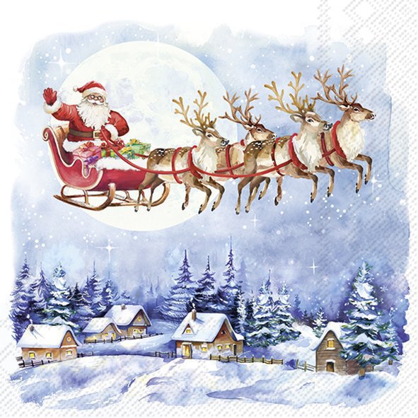 Santa Claus in a sleigh pulled by reindeer flying over a snowy village.