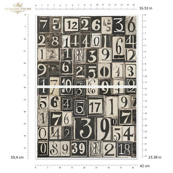 Mulberry paper with vintage-style numbers pattern on a white background, measured against a ruler.