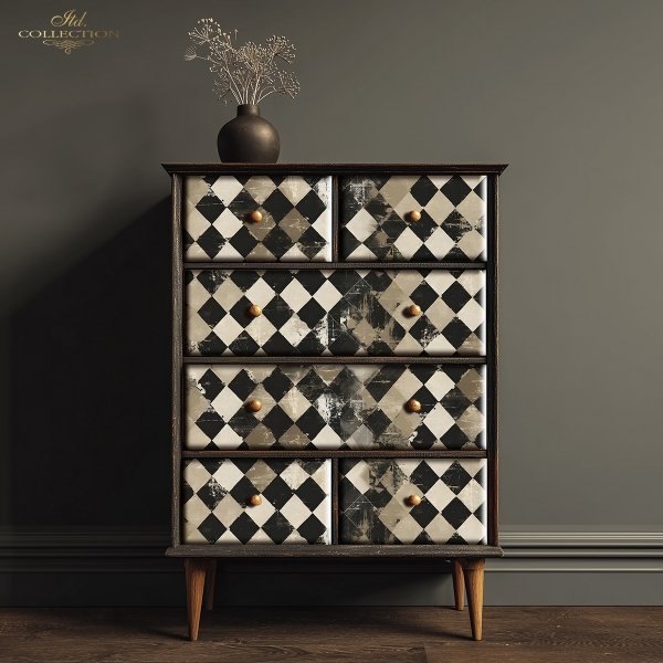 Wooden dresser with checkered patterned drawers against a gray wall.