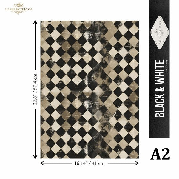 Black and white checkered mulberry paper with dimensions and brand name on a white background