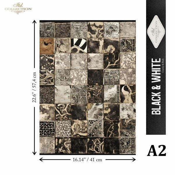 Patterned mulberry paper with measurements and 'Black & White' label on a white background