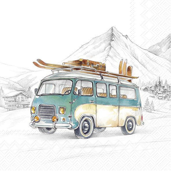 Vintage van with skis on a snowy landscape