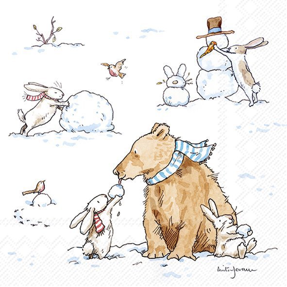 Cartoon bear with snowmen and bunnies in a winter scene