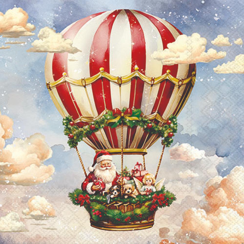 Decorative image of Santa Claus in a hot air balloon with Christmas decorations against a cloudy sky.