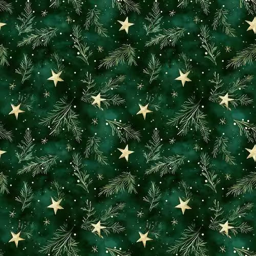 Dark green Christmas pattern with pine branches, golden stars, small snowflakes, and white dots.