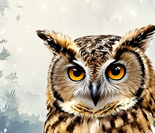 Close-up of an owl with a snowy background