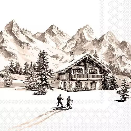 A snowy mountain chalet scene with skiers, pine trees, and tall alpine peaks in the background.