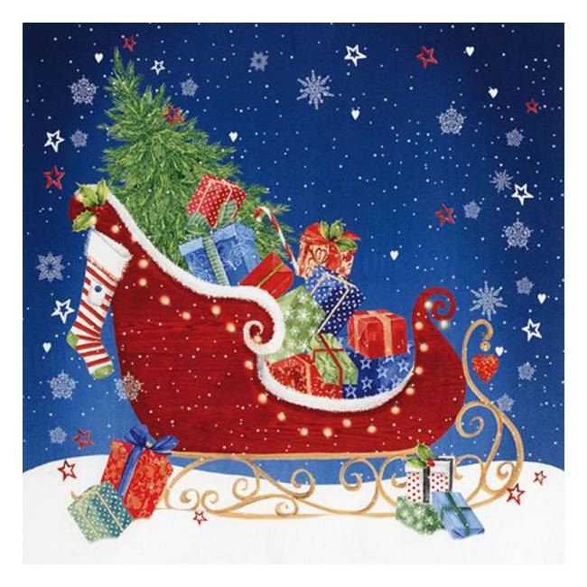 A festive Christmas illustration showing a red sleigh filled with wrapped gifts, a Christmas tree, stockings, and candy canes, set against a snowy blue sky with white stars.