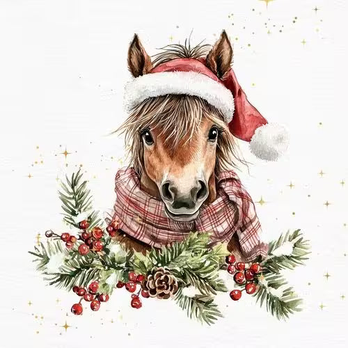 A small brown pony’s head wearing a Santa hat and plaid scarf, with Christmas greenery and red berries around it.