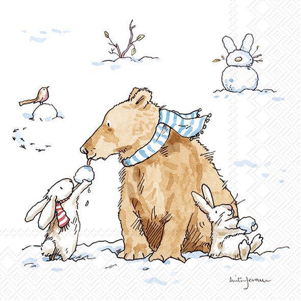 Illustration of a bear and two bunnies in the snow with a small snowman.