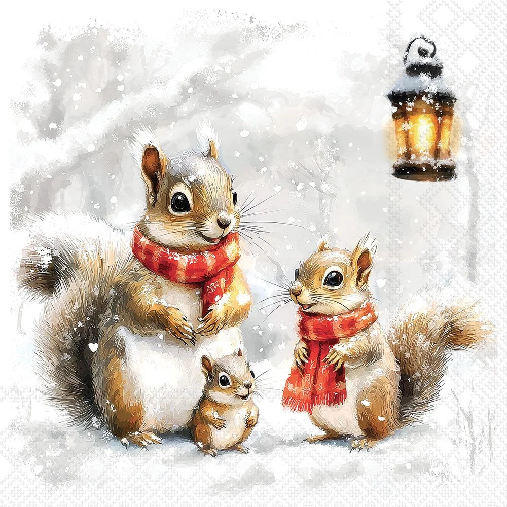 A festive illustration of three squirrels in a snowy winter scene, each wearing a red scarf, with a glowing lantern floating in the upper right.