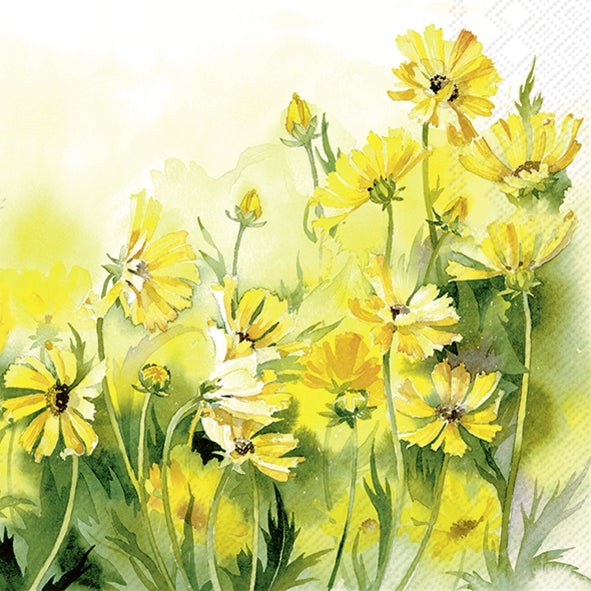 Watercolor painting of yellow flowers with a soft focus background