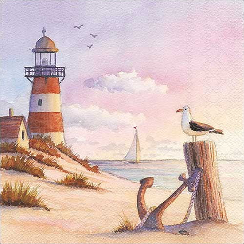 Lighthouse on a beach with a seagull and anchor, watercolor style