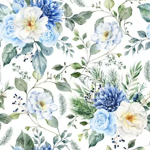 Pattern of blue and white flowers with green leaves on a white background