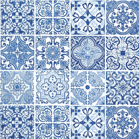 Collection of blue and white decorative tiles in a grid pattern