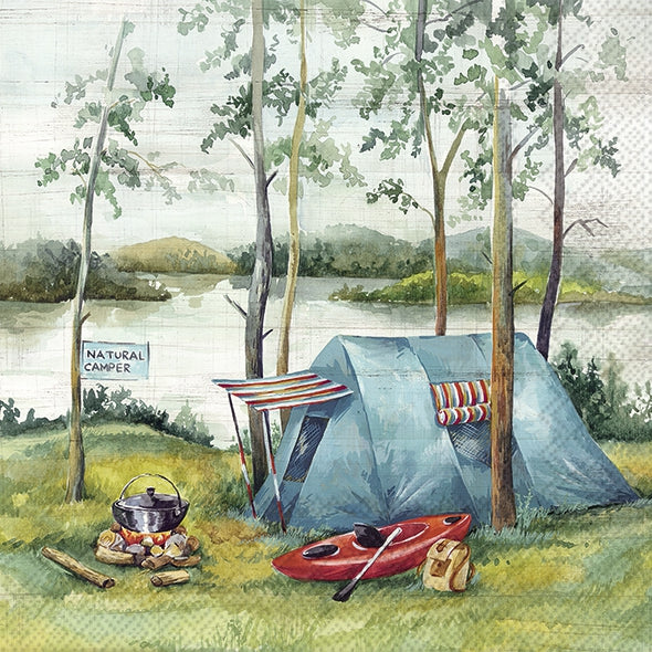 Camping scene with a tent, kayak, and campfire by a lake