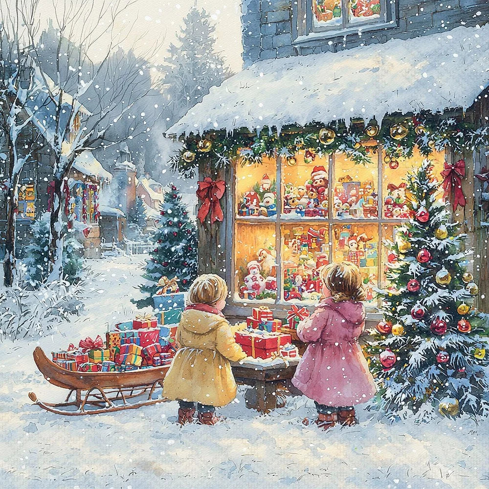 Two children in winter clothing looking at a Christmas display in a shop window with snow falling.