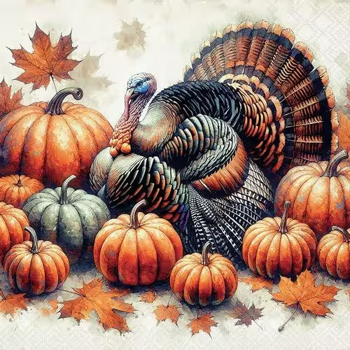 A coloruful turkey surrounded by pumpkins and autumn leaves.