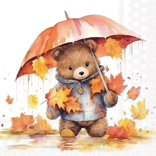 A cute teddy bear holding an umbrella in the rain, surrounded by falling autumn leaves.