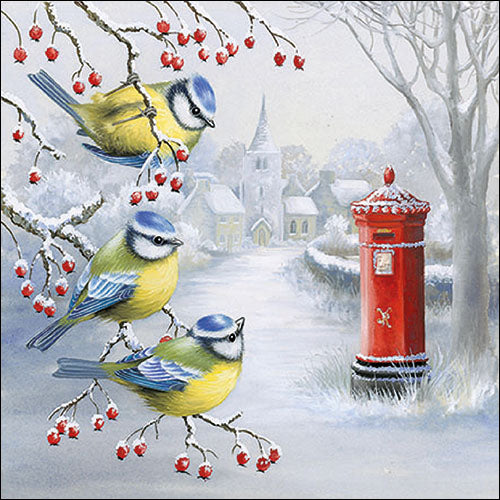 Two birds perched on a branch with red berries and a red postbox in the snow.