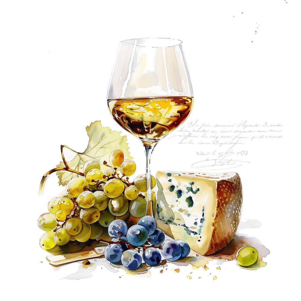 Wine glass with white wine, grapes, and a piece of cheese on a white background