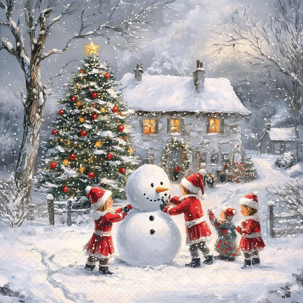 A festive winter village scene with children in red Santa outfits building a snowman beside a decorated Christmas tree in front of a snow-covered house.