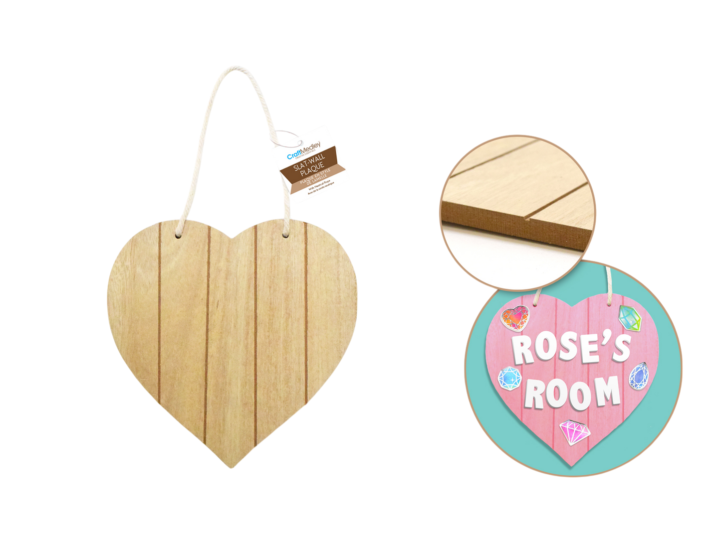 Placa colgante cuadrada de pared de listones con cuerda náutica - Corazón