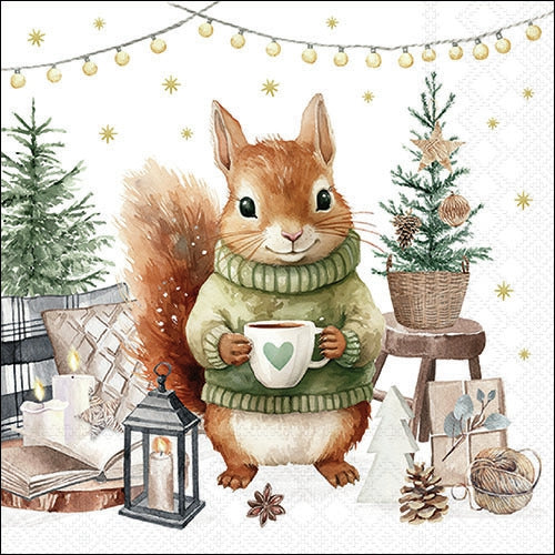 Cute squirrel celebrating Christmas in a festive winter scene.