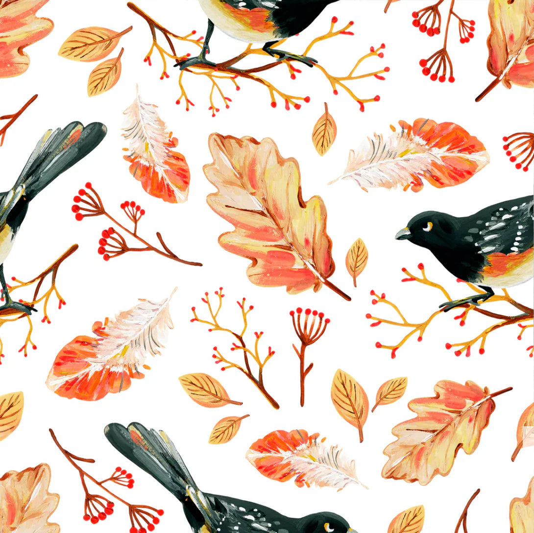 Pattern of autumn leaves and birds on a white background