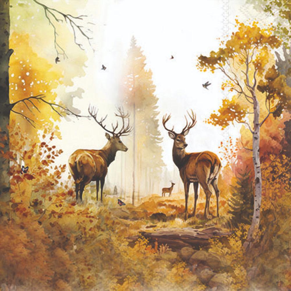 Two deer in a forest with autumn foliage and birds.