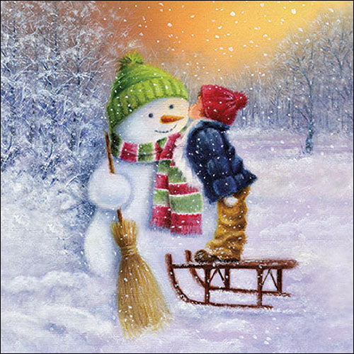 Niño besando a un muñeco de nieve - Servilleta