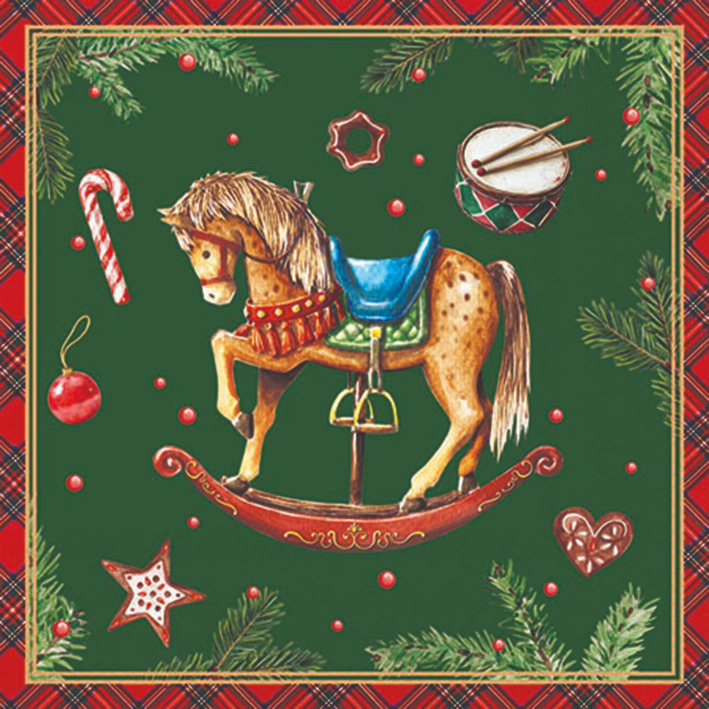 Decorative Christmas-themed fabric with a rocking horse, candy canes, and festive elements on a green background.