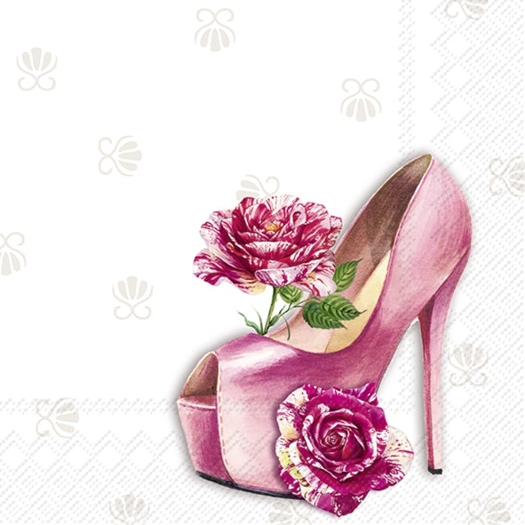 Pink high-heeled shoe with a pink rose on a decorative white background