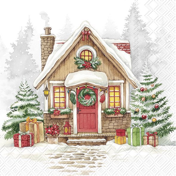 Illustration of a cozy Christmas house with decorated trees and presents.