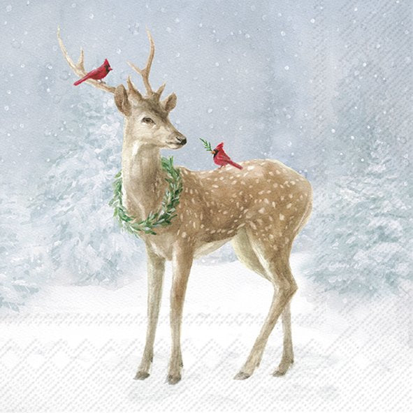 Deer with a wreath and red birds on a snowy background