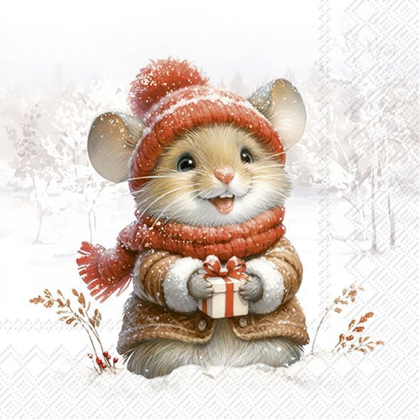 Illustration of a mouse wearing winter clothing holding a gift box on a snowy background