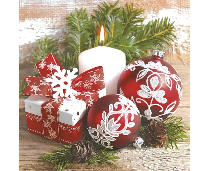 Festive Red and White with Candle - Napkin