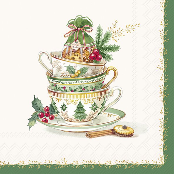 Stack of Christmas-themed teacups with decorative elements on a cream background