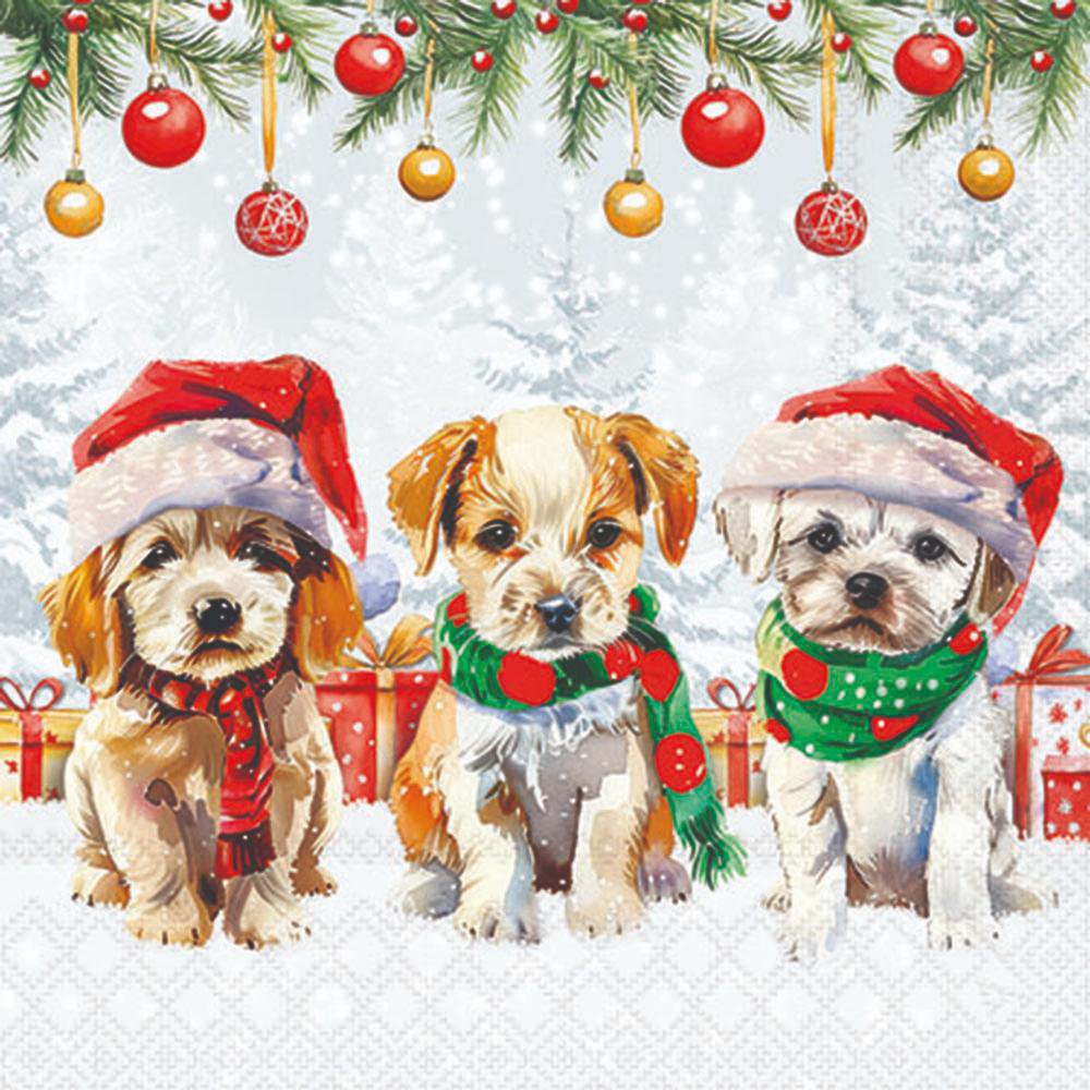 Three puppies wearing Christmas hats and scarves in a snowy scene with ornaments.