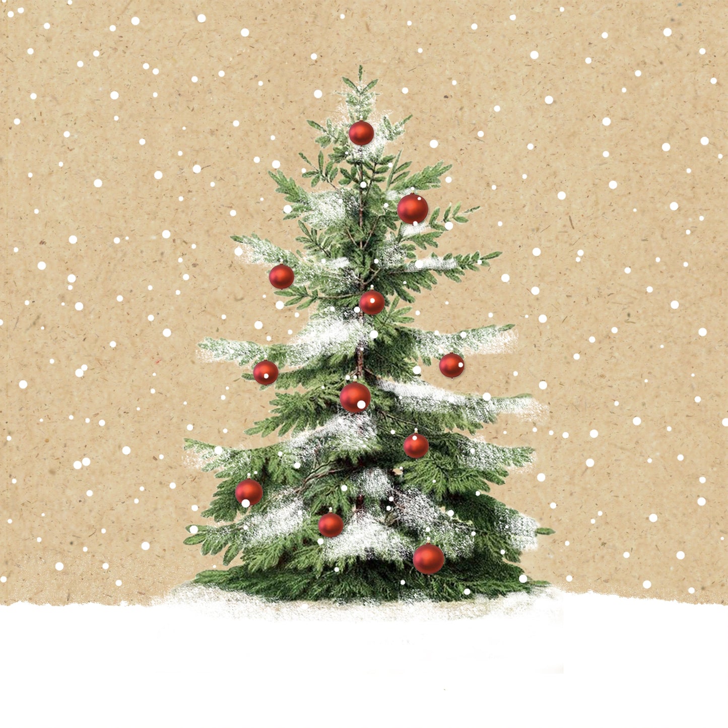 A napkin with a printed Christmas tree design, decorated with red snowflake-shaped ornaments, on a beige background simulating snow.