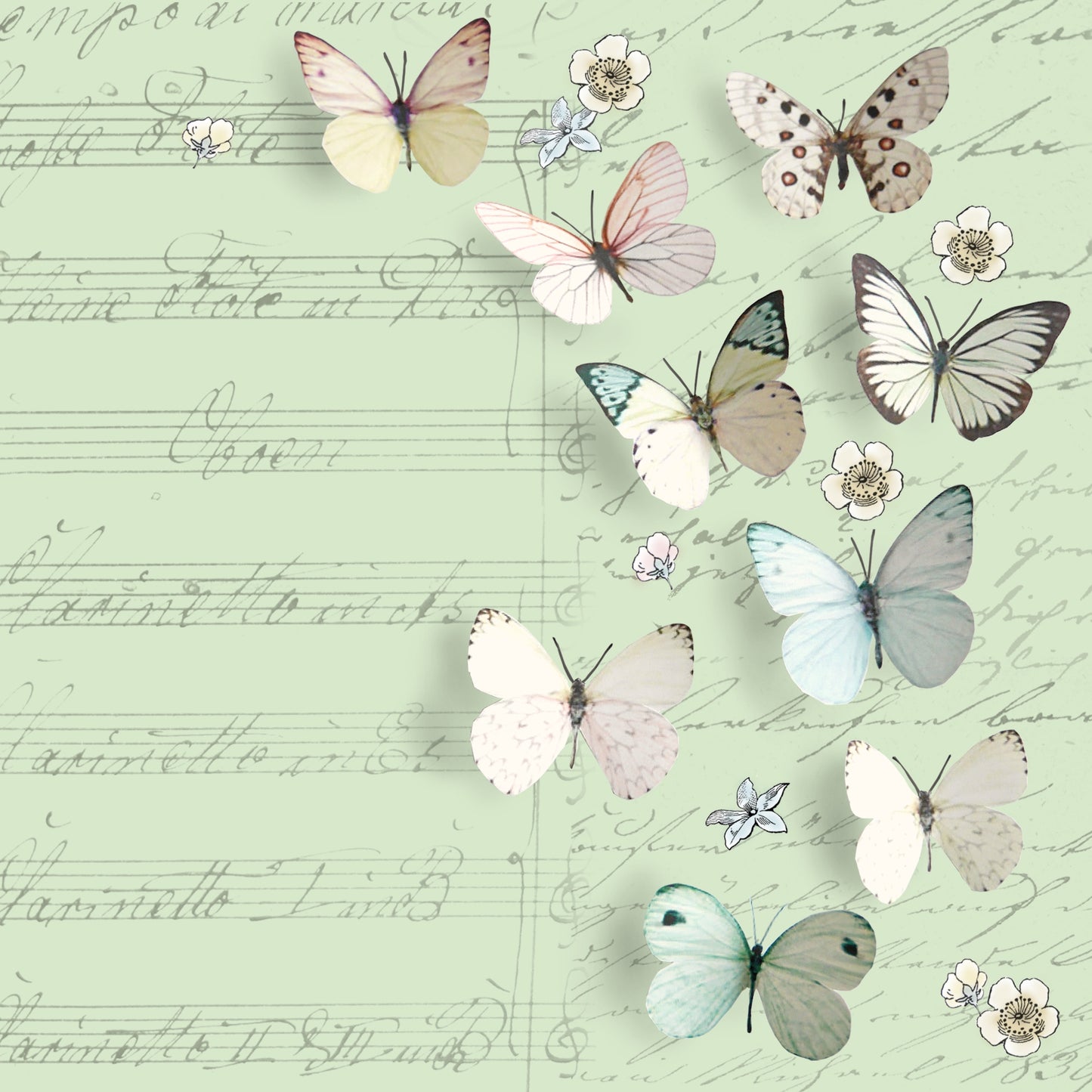 A paper napkin with a pattern of various coloured butterflies and floral designs on a green background that resembles written music or text.