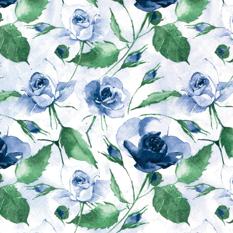 Pattern of blue rose and green leaves on a white background