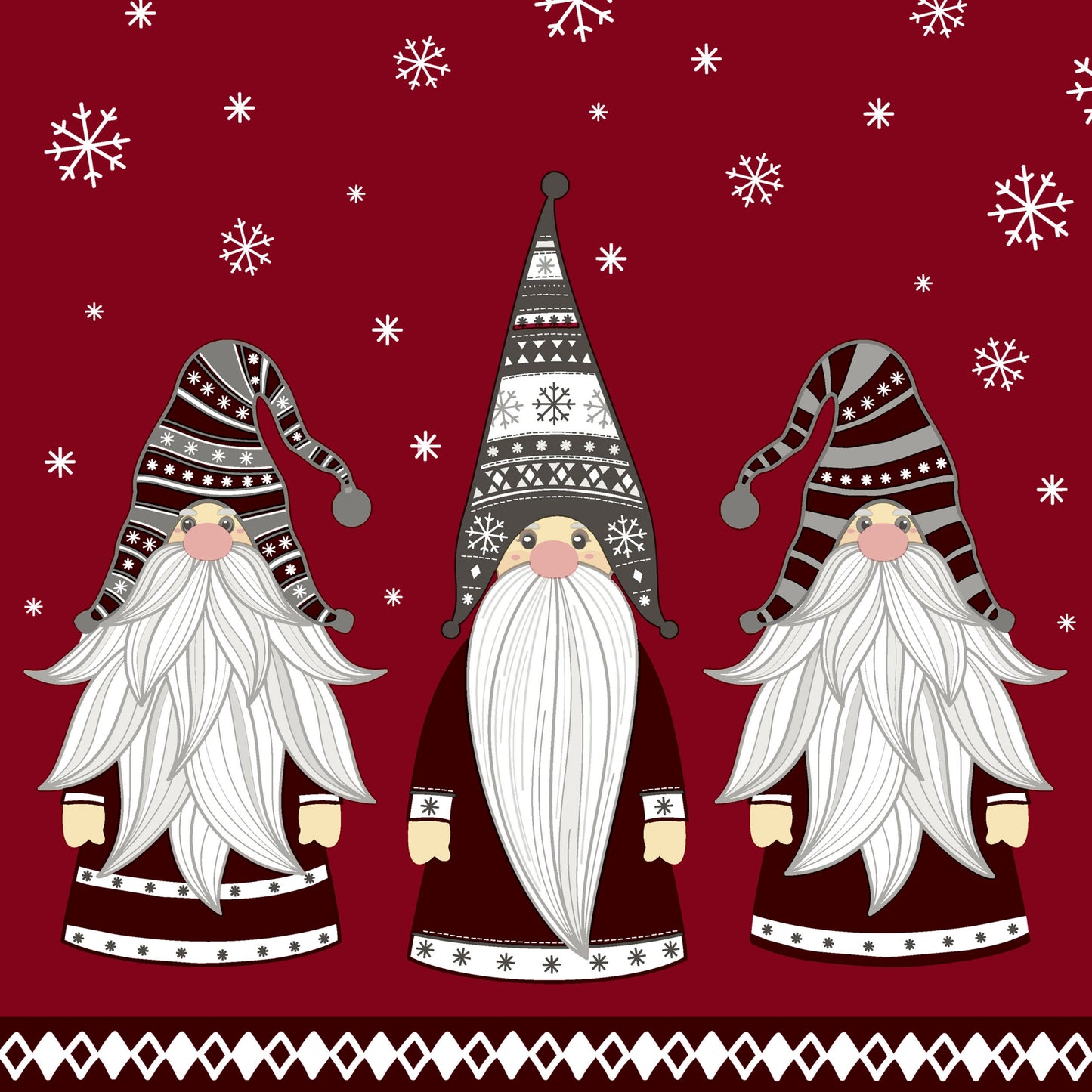 Three cartoon gnomes with white beards on a red background with snowflakes