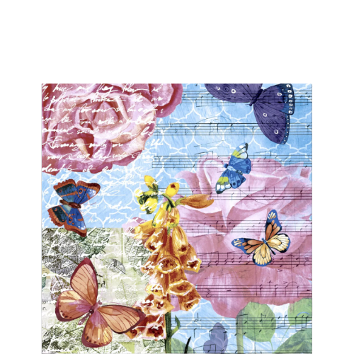Napkin with butterflies, flowers, and music sheet design on a white background